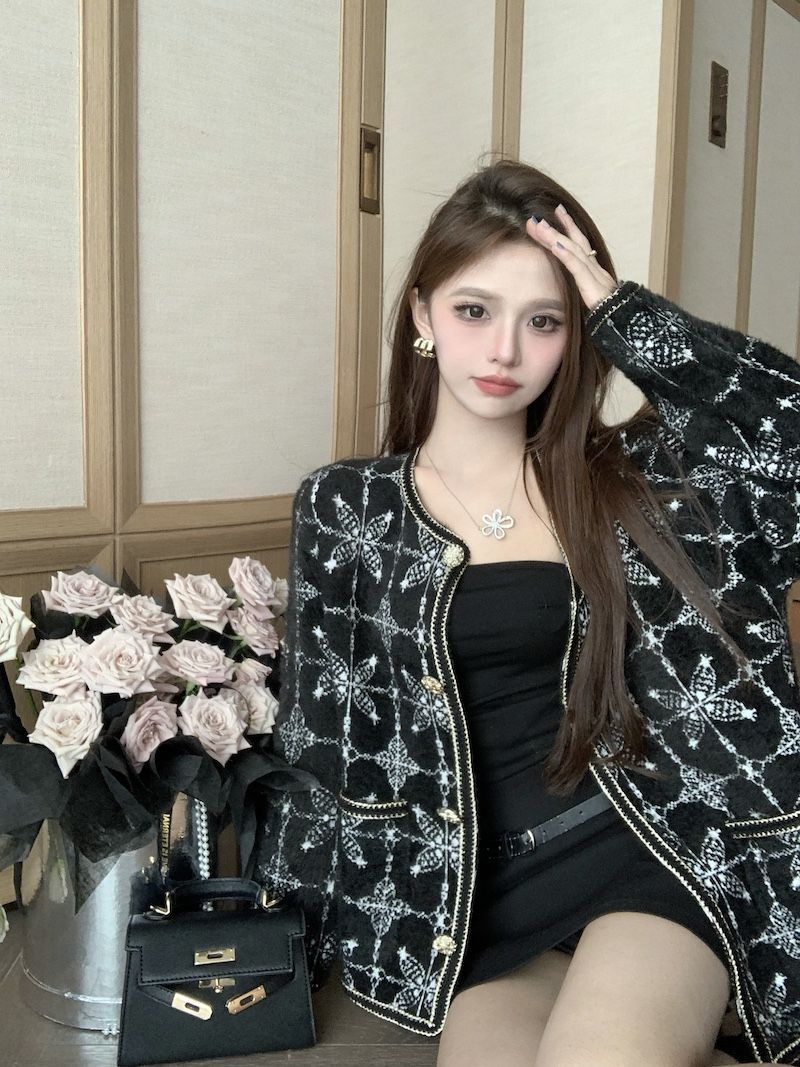 Imitation Mink Velvet Cardigan  Autumn and Winter New Style Ladylike Sweater Contrast Color Short Sweet Spicy Jacket for Women