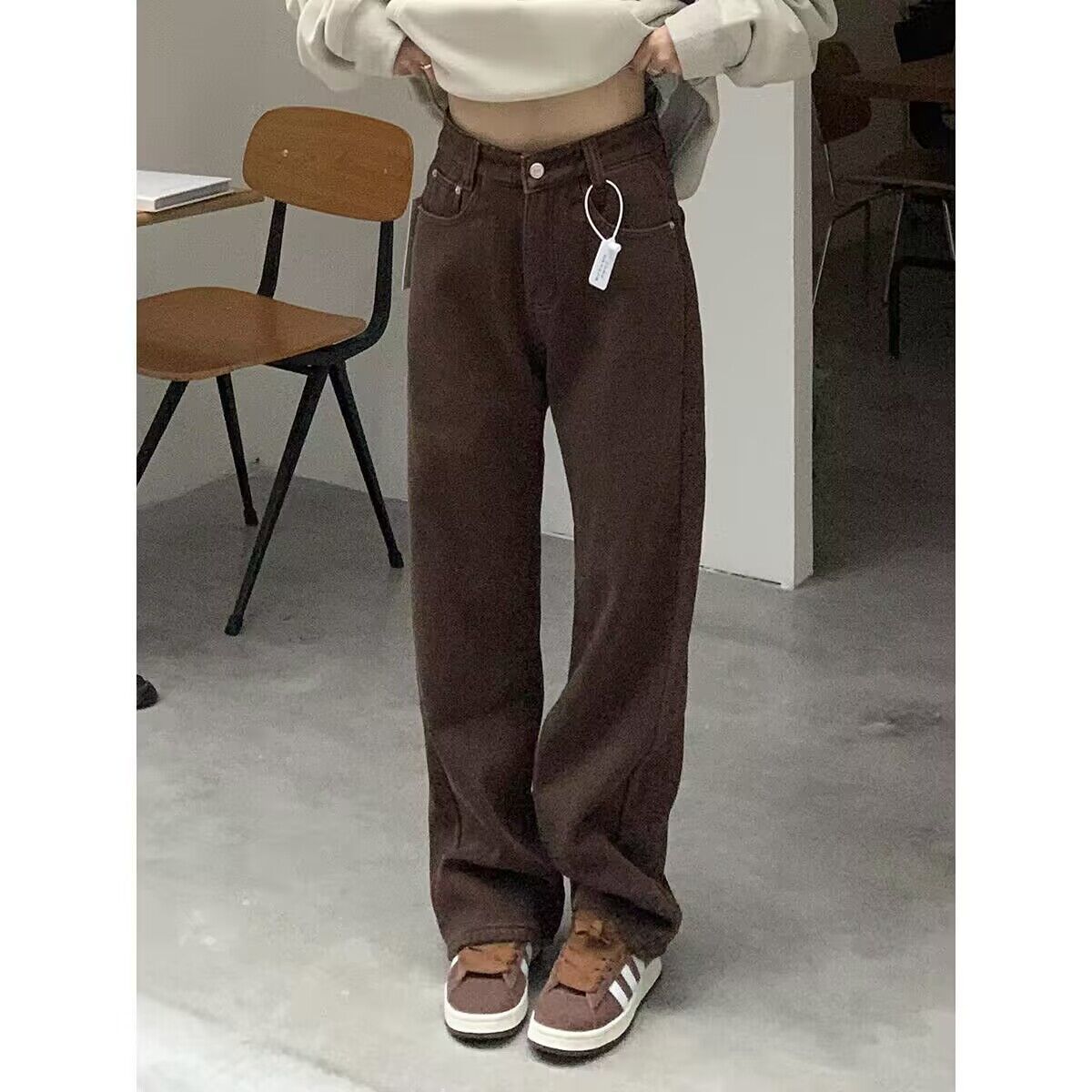 美拉德復古高腰闊腿牛仔褲女秋冬ins新款寬鬆顯瘦直筒拖地褲子潮