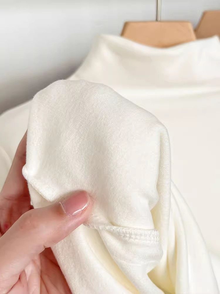 白色純色半高領打底衫春季秋冬德絨保暖修身長袖T恤女內搭上衣