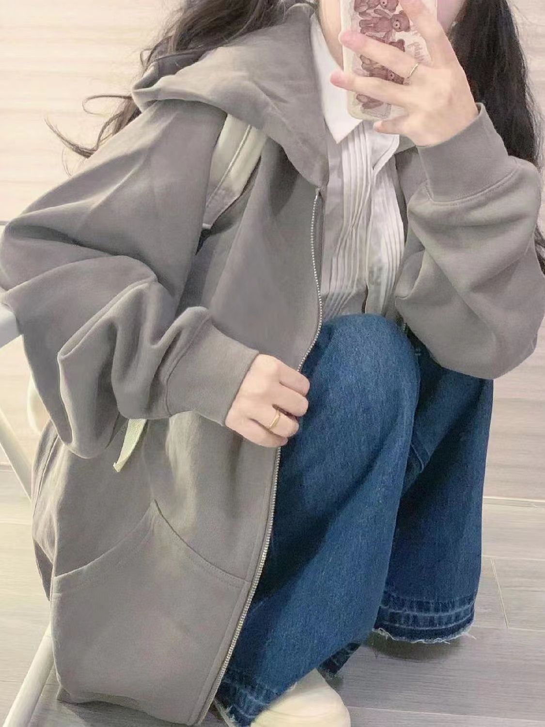 復古chic灰色連帽衛衣女秋冬季加絨加厚寬鬆垂墜感慵懶風外套開衫