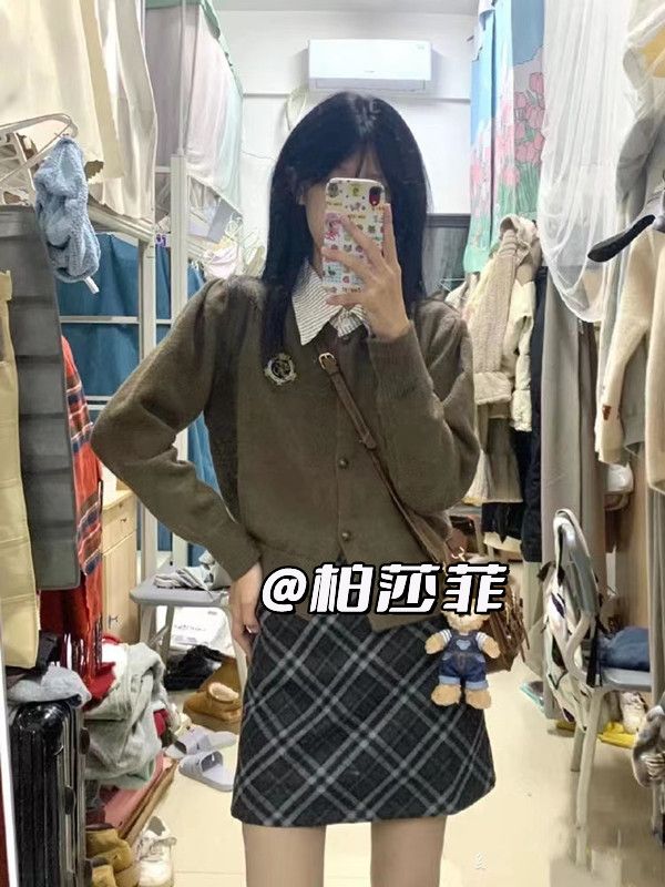 ins風假兩件針織毛衣女套裝2023秋冬美拉德穿搭A字裙包臀格子短裙