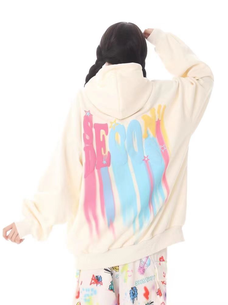 Heavy cotton American campus style letter graffiti sweatshirt for women spring and autumn thin lazy style loose jacket women's trend
