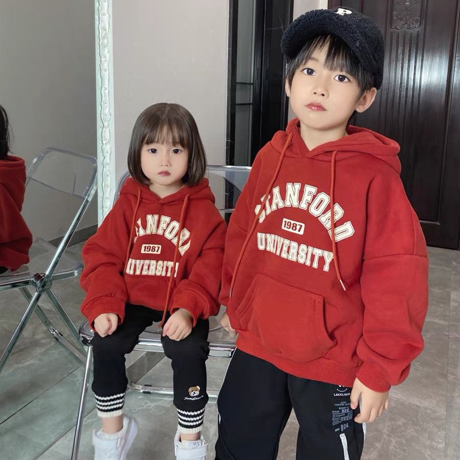 韩国版儿童连帽卫衣一体绒冬装男童女童酒红洋气宝宝帽衫外套2岁