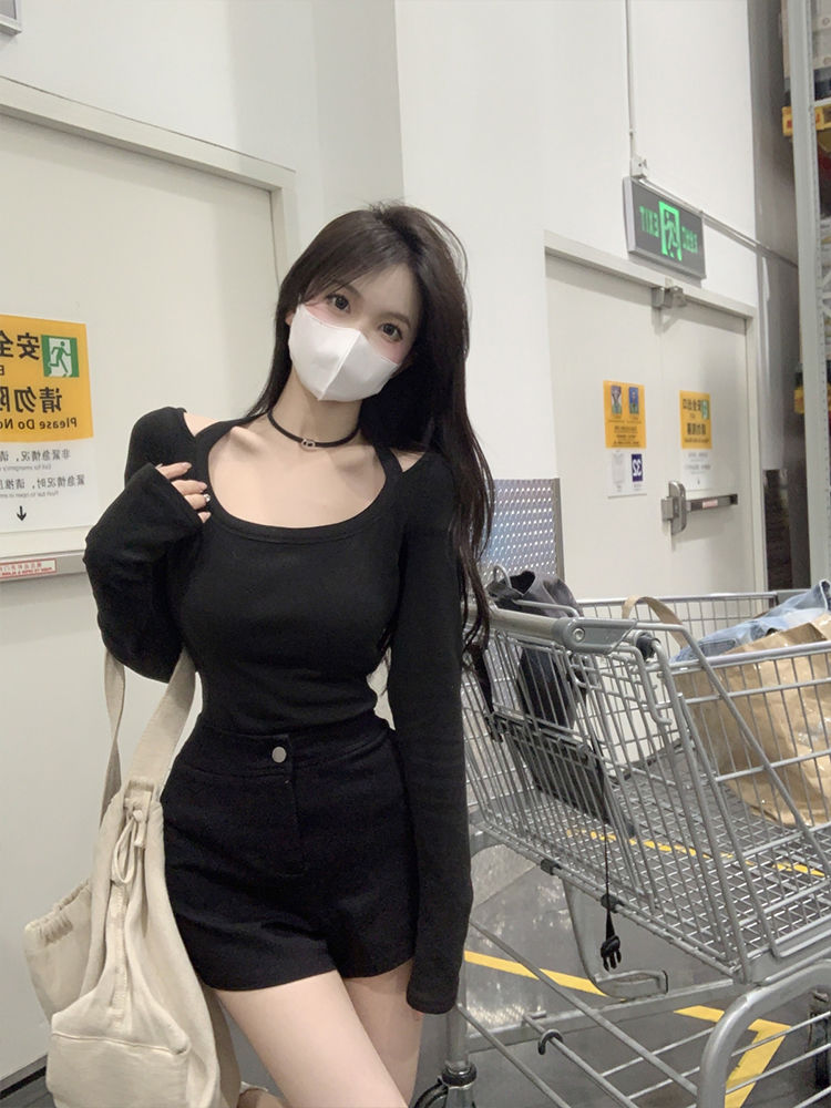 純欲辣妹掛脖長袖t恤女早秋季2023新款設計感修身內搭上衣打底衫