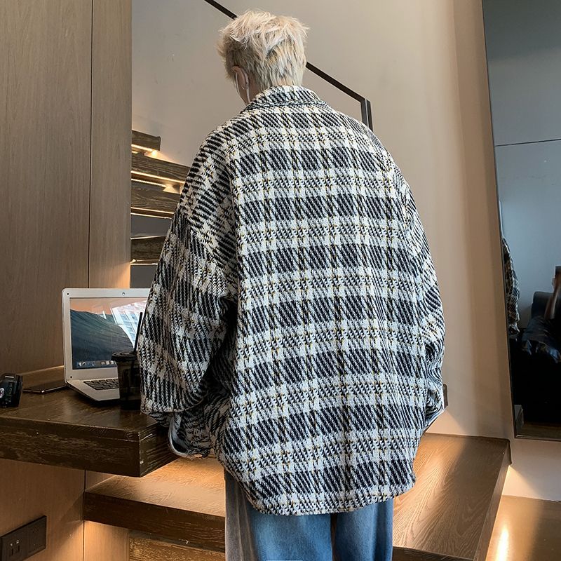 Piccolo cappotto profumato da uomo primavera e autunno scozzese di fascia alta alla moda camicia di grandi dimensioni colletto ribaltabile bella coppia_voghion.com