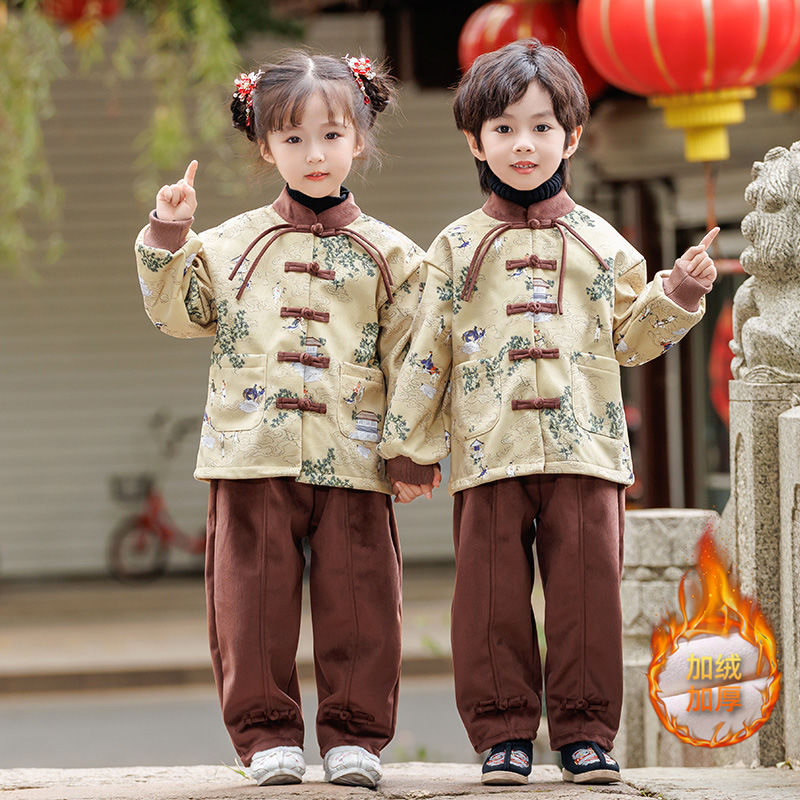 男童唐装加绒新年服冬装女童中国风加厚汉服宝宝一周岁国潮拜年服