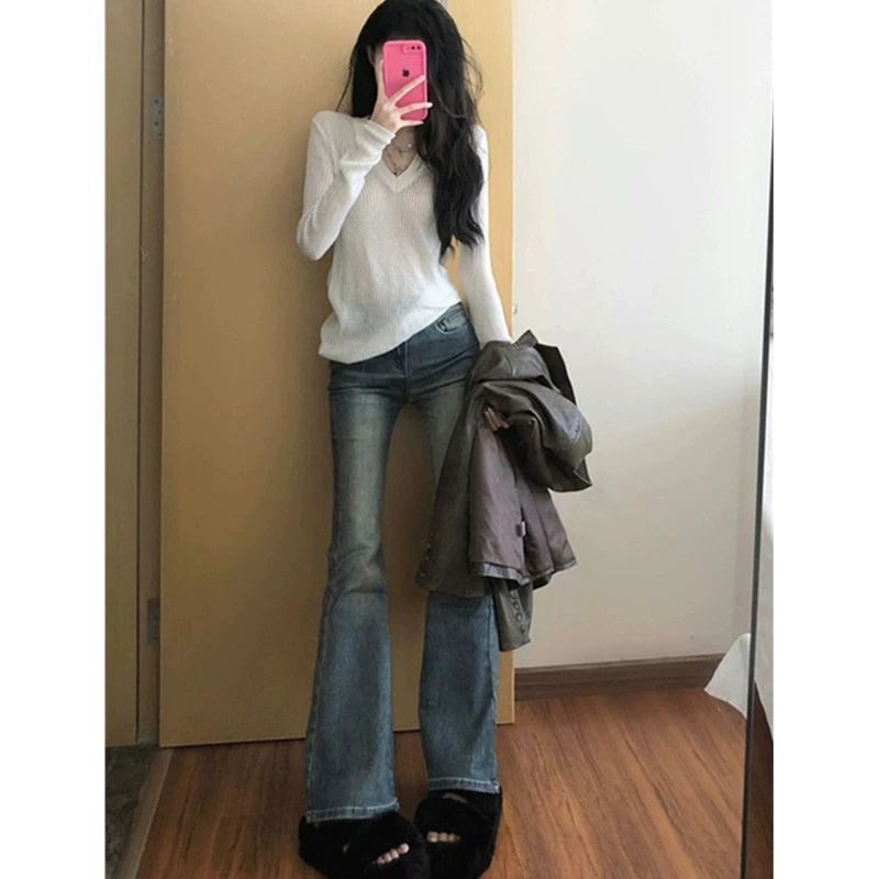 復古做舊微喇叭褲子女秋冬緊身牛仔褲復古高腰顯瘦直筒馬蹄長褲子