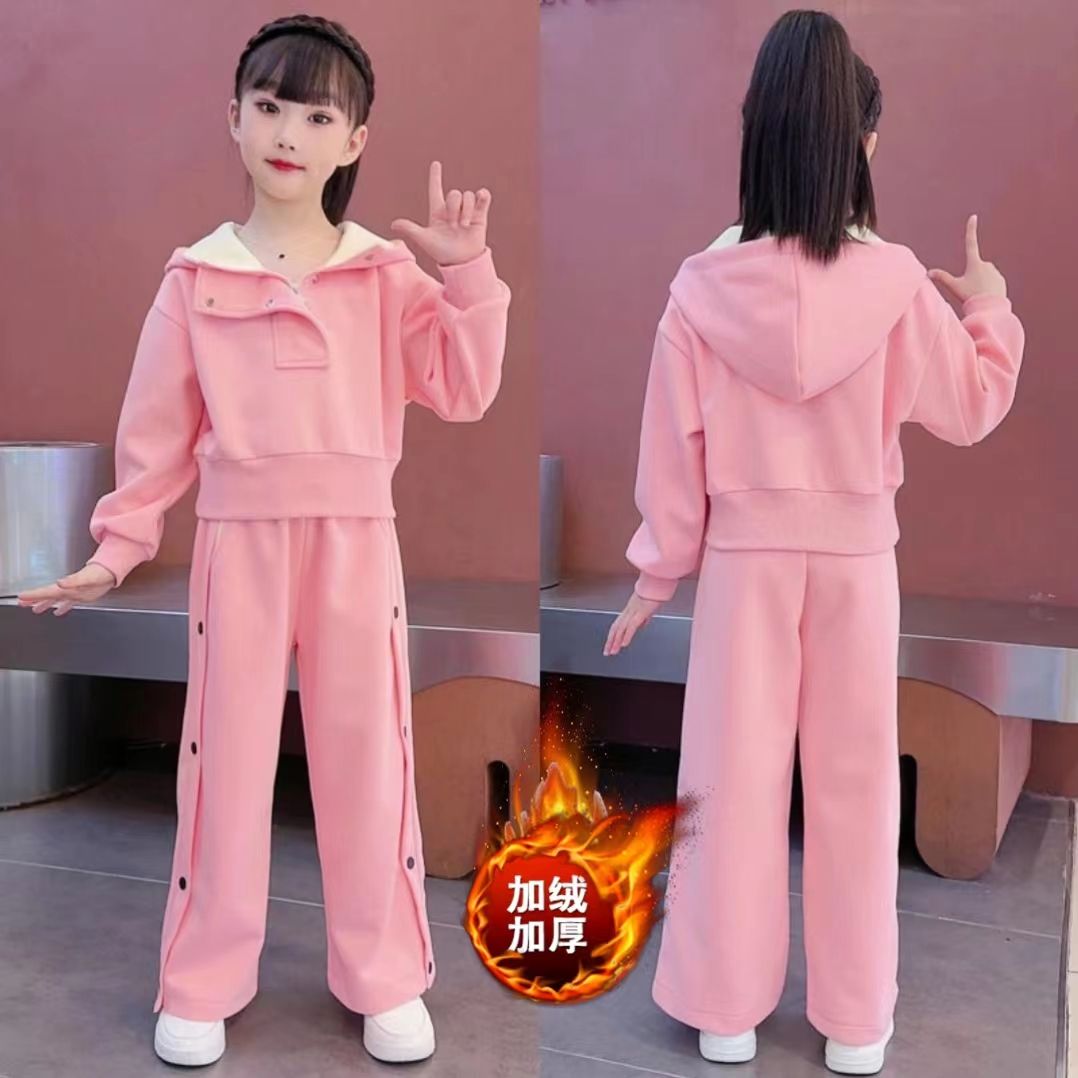 女童秋冬套裝爆款2023新款兒童洋氣連帽衛衣大童時尚加厚兩件套潮