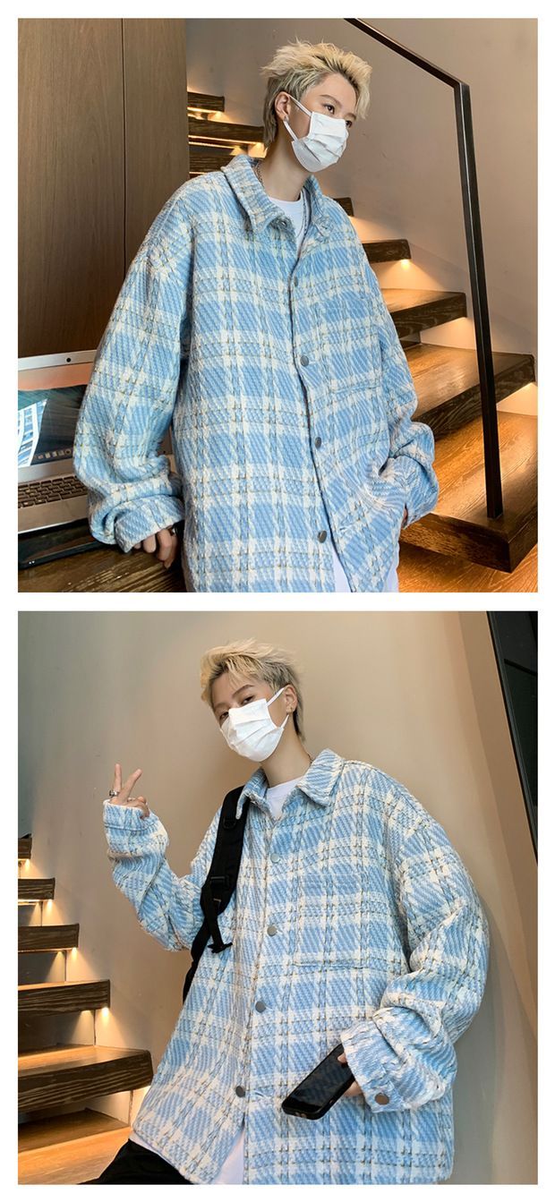 Piccolo cappotto profumato da uomo primavera e autunno scozzese di fascia alta alla moda camicia di grandi dimensioni colletto ribaltabile bella coppia_voghion.com