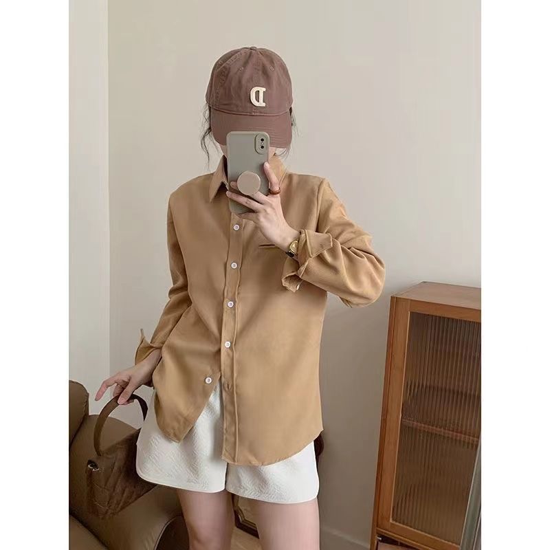 格瑞吉奧春秋純色長袖襯衫女長袖寬鬆女襯衣開衫薄外套洋氣打底衫