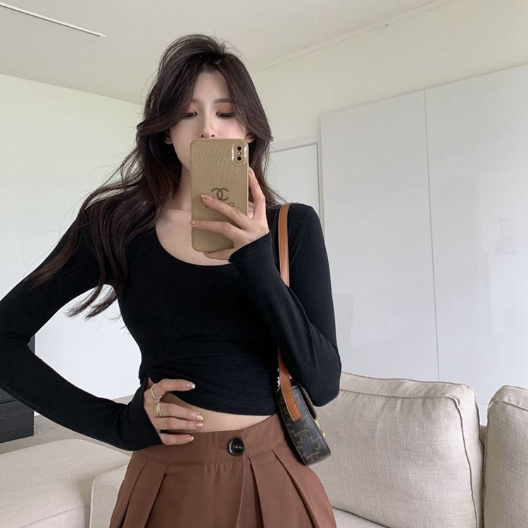 黑色性感辣妹短款內搭長袖打底衫女秋緊身彈力上衣u領低胸純欲t恤