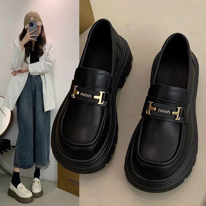 Loafers women's 2023 new spring and autumn thick-soled retro slip-on small leather shoes British style black uniform jk shoes