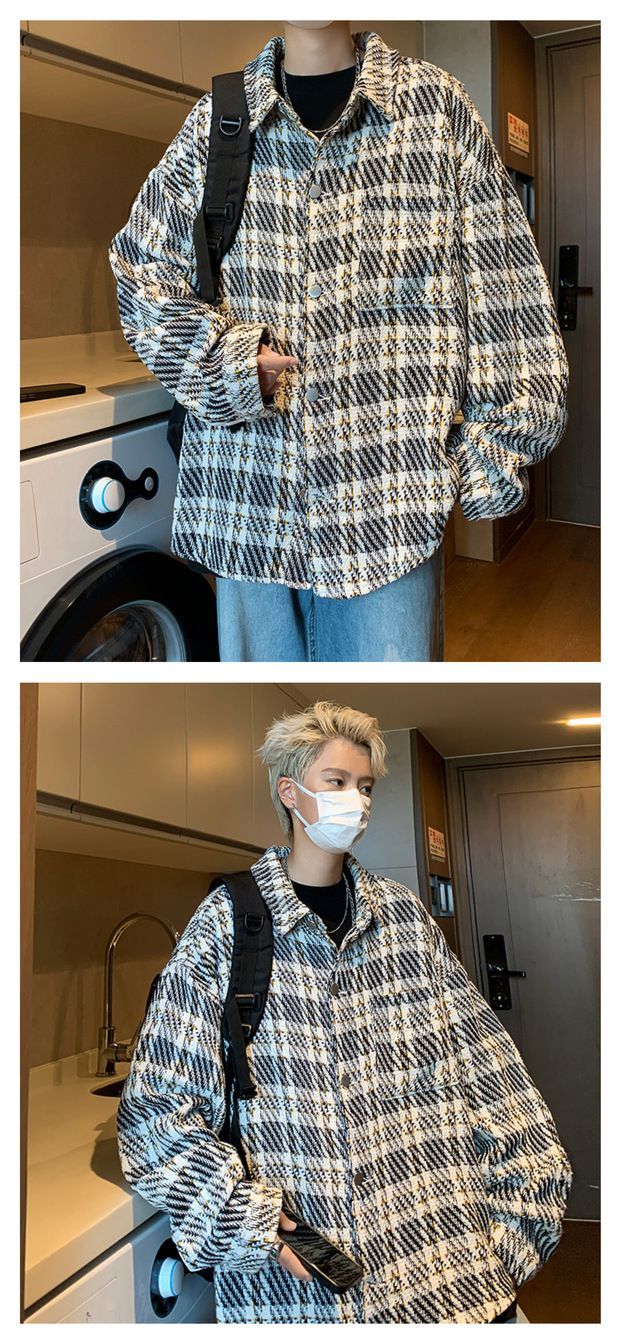 Piccolo cappotto profumato da uomo primavera e autunno scozzese di fascia alta alla moda camicia di grandi dimensioni colletto ribaltabile bella coppia_voghion.com