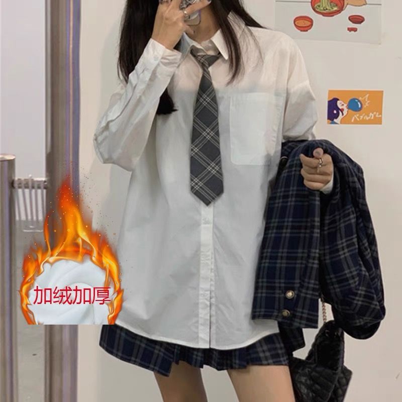 學院風jk制服領帶白色襯衫女秋冬打底內搭襯衣設計感加絨長袖上衣
