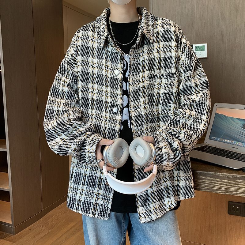 Piccolo cappotto profumato da uomo primavera e autunno scozzese di fascia alta alla moda camicia di grandi dimensioni colletto ribaltabile bella coppia_voghion.com