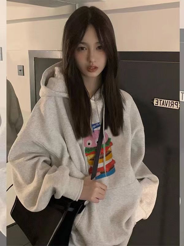 oversize美式卡通印花連帽衛衣白灰色潮流情侶裝秋冬加絨加厚上衣