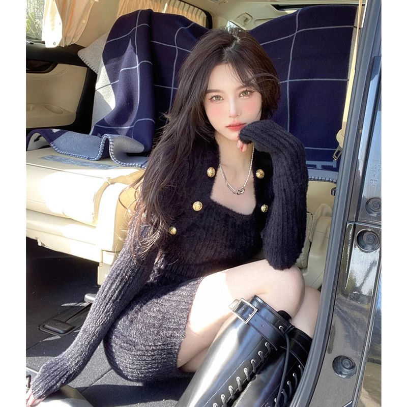 仿貂絨連衣裙女緊身收腰長袖裙子秋冬季2023年新款包臀內搭打底裙