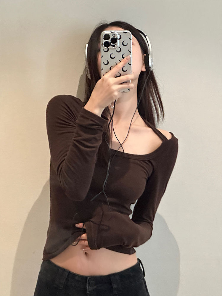 黑色長袖辣妹美式純欲風掛脖t恤女秋季設計感小眾修身內搭上衣潮