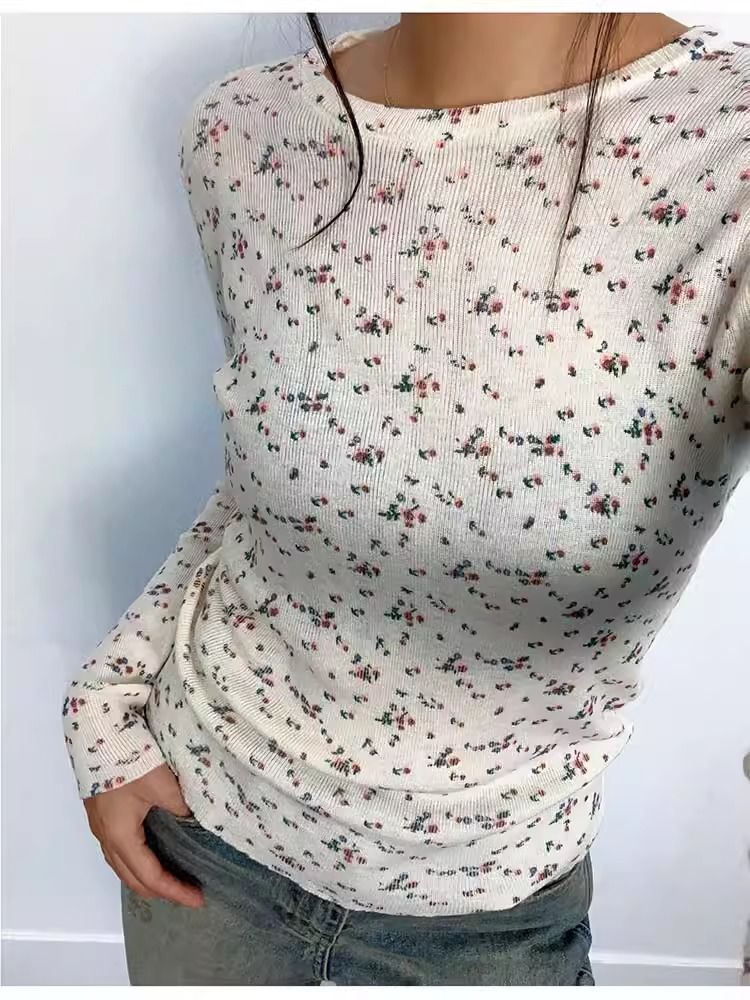 純欲復古碎花德絨螺紋毛衣女秋冬新款慵懶復古美式甜辣打底針織衫