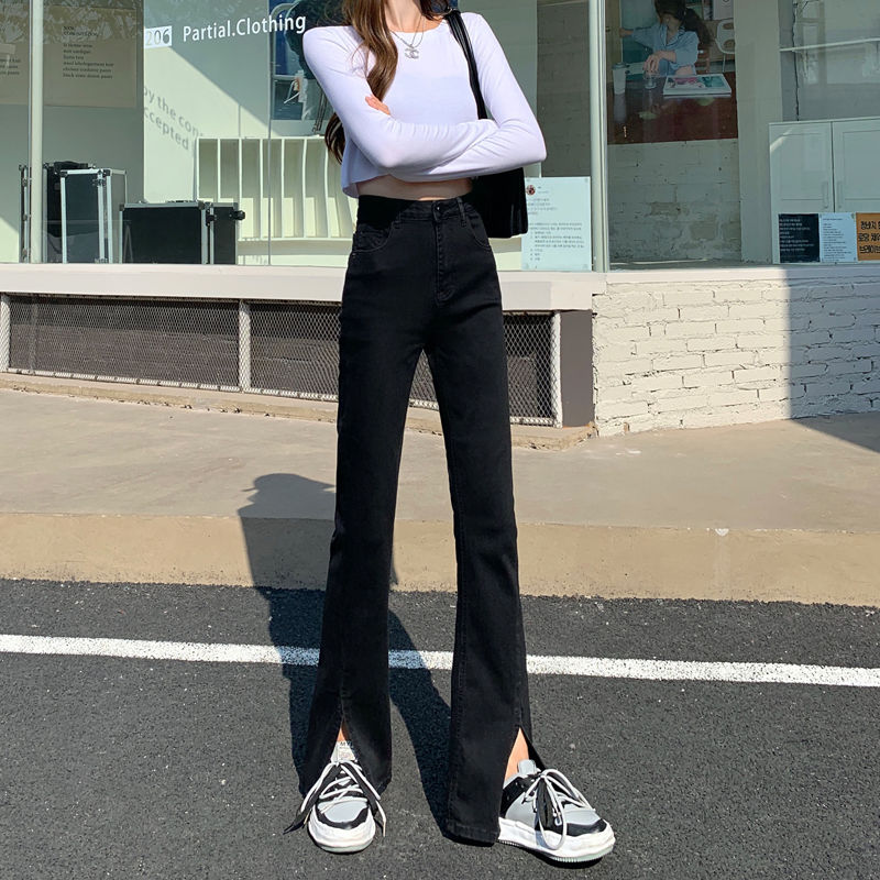 黑色微喇開叉牛仔褲女2023年新款拖地魚尾褲高腰顯瘦直筒喇叭褲子
