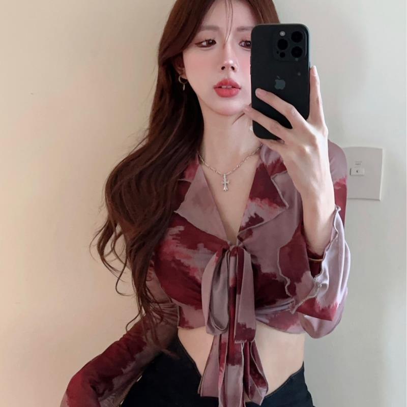 復古網紗印花防曬衫女秋裝性感辣妹長袖襯衣V領綁帶修身顯瘦上衣