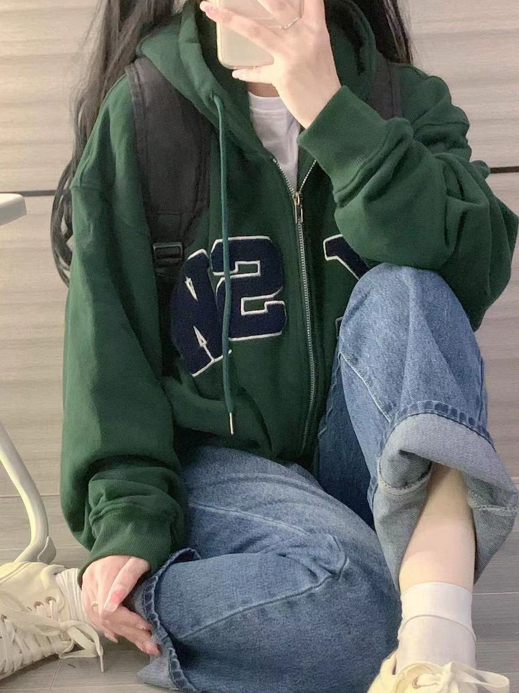 復古墨綠色連帽衛衣女秋冬季加絨加厚寬鬆顯瘦慵懶風拉鏈外套開衫