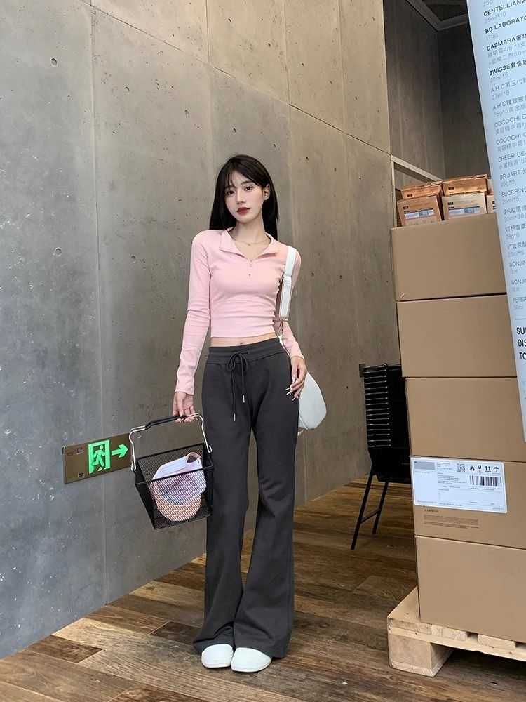 美式復古灰色低腰微喇休閒褲女秋季寬鬆直筒設計感抽繩闊腿拖地褲