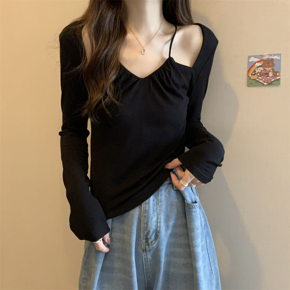 大碼胖mm顯瘦純欲風設計感掛脖上衣女早秋新款時尚氣質v領長袖T恤