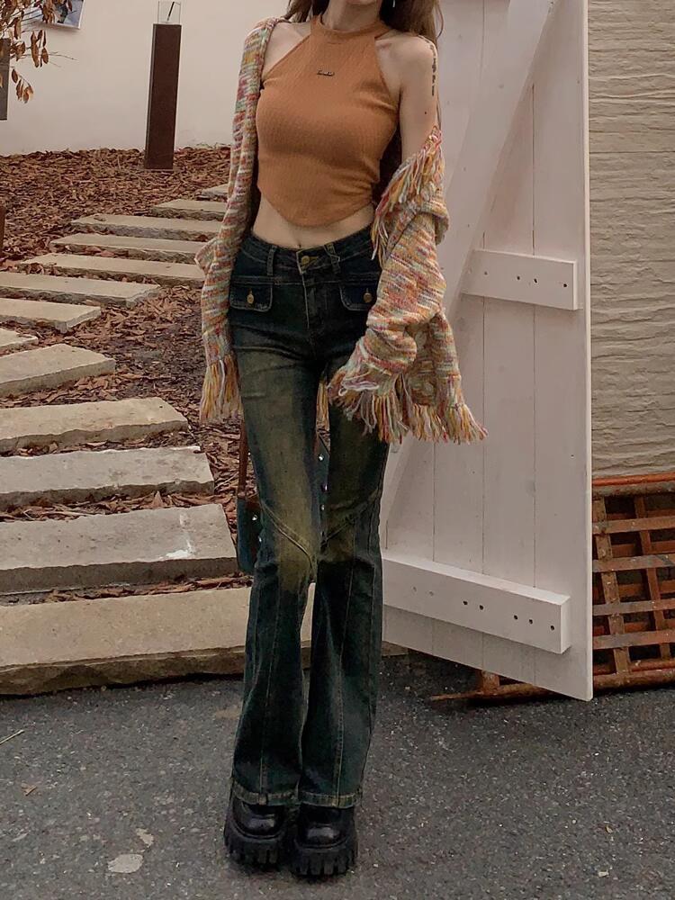美拉德穿搭高腰顯瘦微喇叭牛仔長褲女小個子做舊修身提臀馬蹄褲潮
