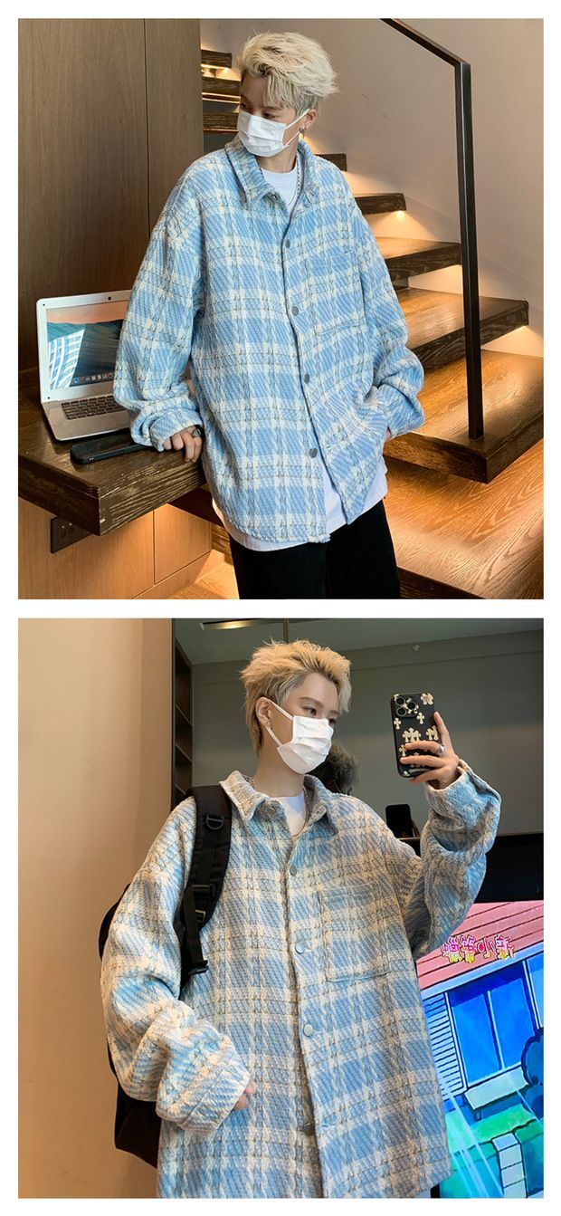 Piccolo cappotto profumato da uomo primavera e autunno scozzese di fascia alta alla moda camicia di grandi dimensioni colletto ribaltabile bella coppia_voghion.com