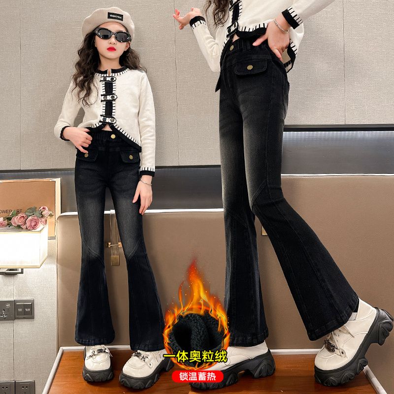 女童加絨牛仔褲爆款鬆緊腰兒童加絨褲子女秋冬女童喇叭褲冬季加絨