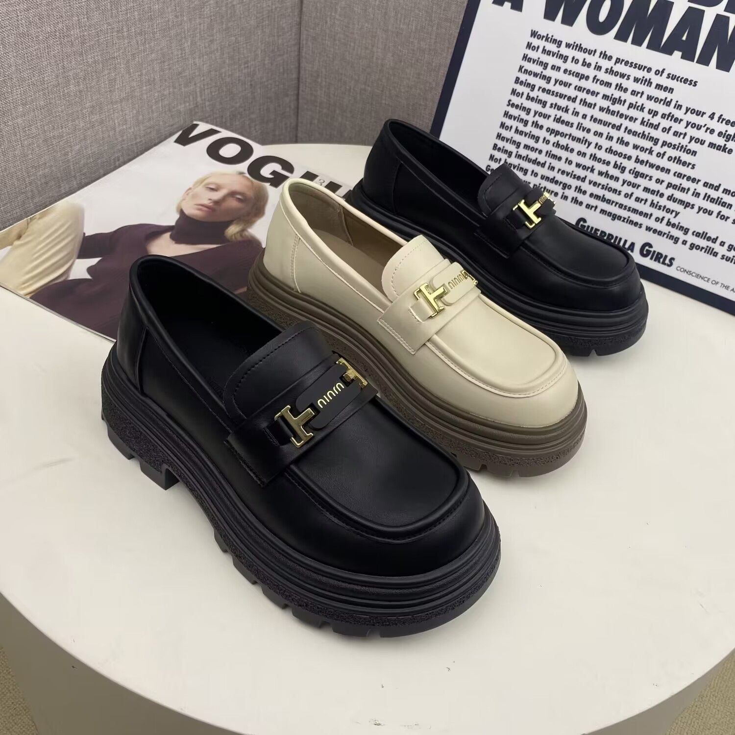 樂福鞋女2023新款春秋厚底復古一腳蹬小皮鞋英倫風黑色制服jk單鞋