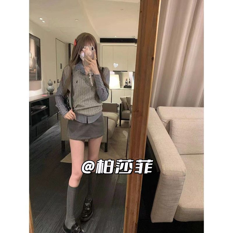 套裝女2023秋冬新款學院風針織馬甲背心修身條紋襯衫高腰顯瘦短裙