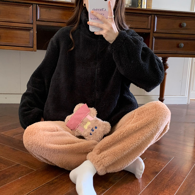 拉鏈珊瑚絨睡衣女2023新款純色簡約休閒可外穿加厚加絨家居服套裝