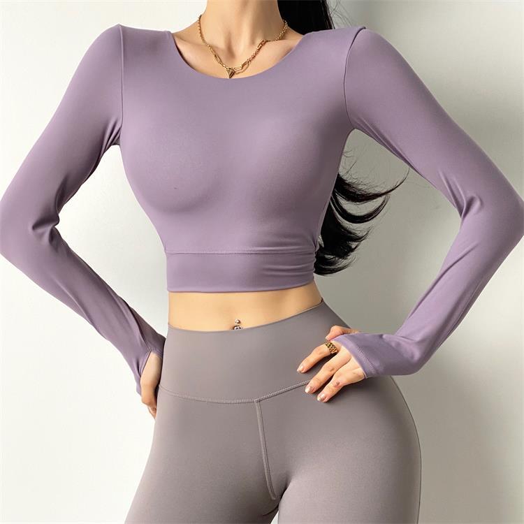 Neit geformt Yogakleed mat Broschtkëssen, sexy Lafsport-T-Shirt, laangärmlech séier dréchent Fitnesskleed, Fra_voghion.com