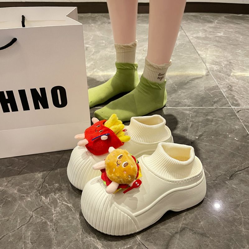 可愛麵包鞋女2023新款網紅厚底雪地靴女款冬季一腳蹬漢堡薯條棉鞋