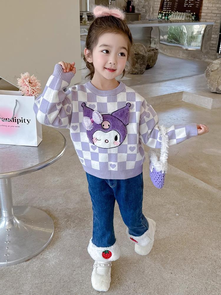 庫洛米女童毛衣2023新款秋冬季洋氣兒童女孩圓領針織衫加厚上衣潮
