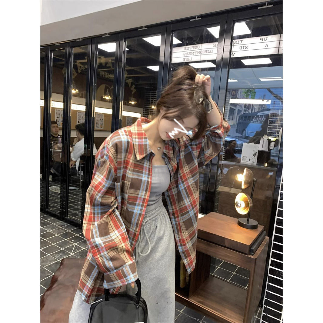 美式復古格子撞色襯衫女秋季Polo領襯衣中長款長袖寬鬆休閒外套潮