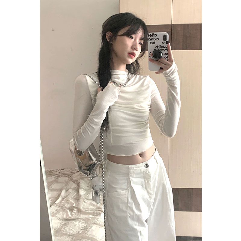 美式辣妹純欲半高領長袖t恤女早秋修身甜辣風顯瘦chic港味上衣潮