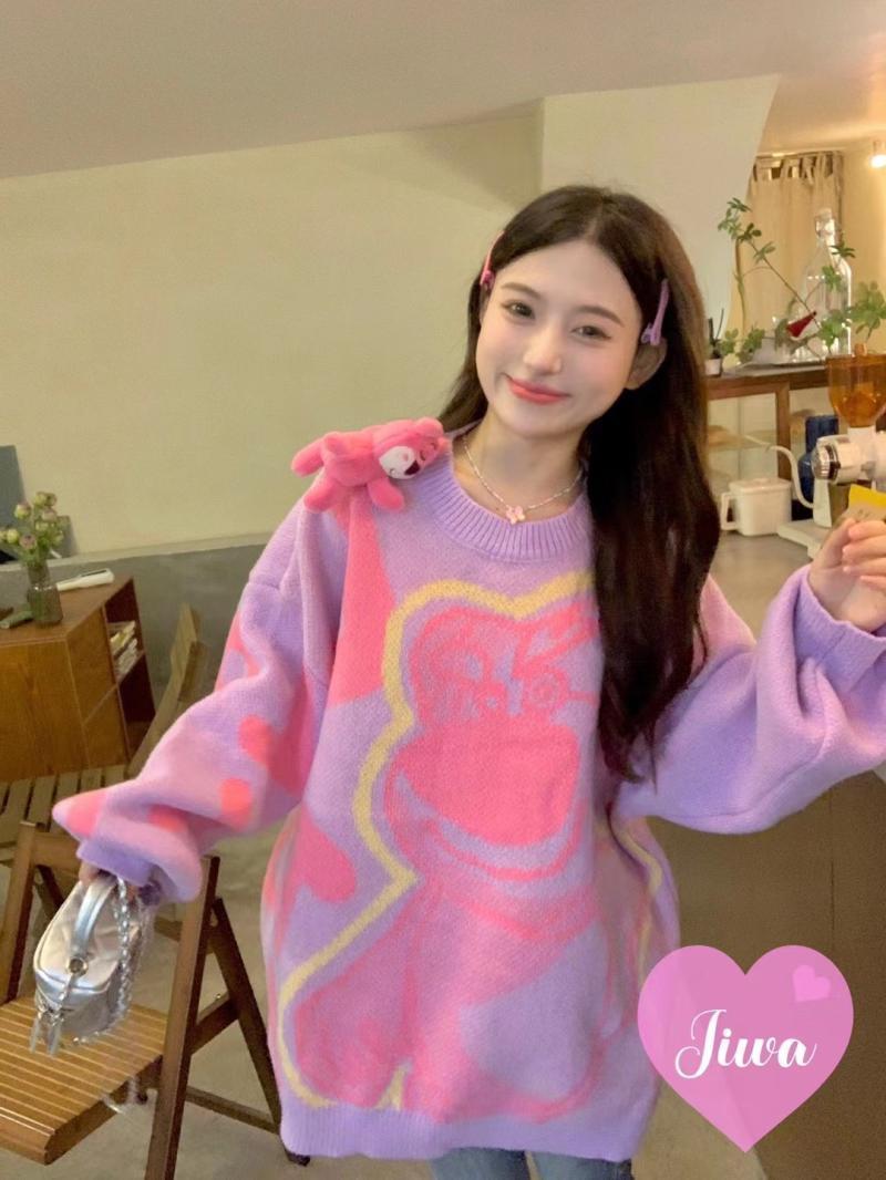 XJ家2023秋冬小眾甜美立體草莓熊毛衣女慵懶寬鬆百搭圓領針織套頭
