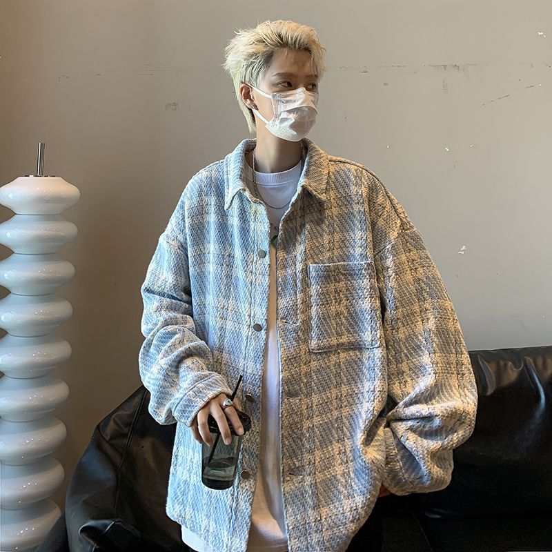 Piccolo cappotto profumato da uomo primavera e autunno scozzese di fascia alta alla moda camicia di grandi dimensioni colletto ribaltabile bella coppia_voghion.com