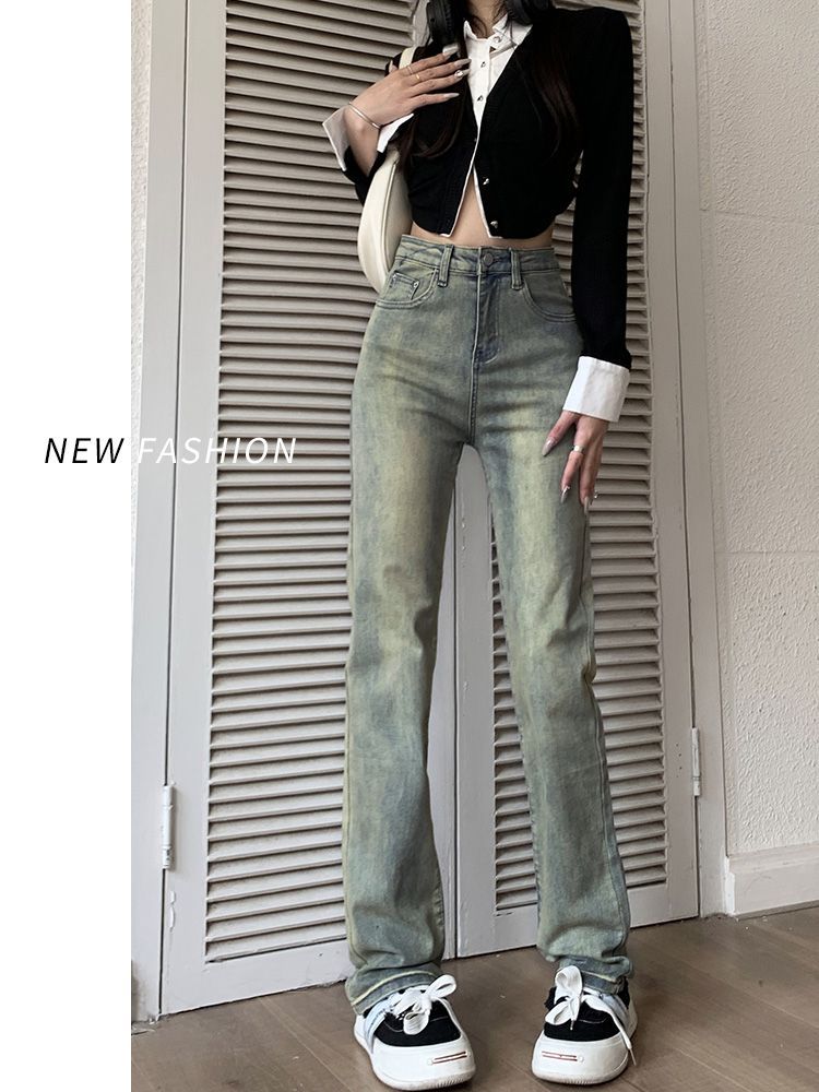 美式復古牛仔褲女2023春秋新款小個子高腰顯瘦窄版直筒闊腿煙管褲