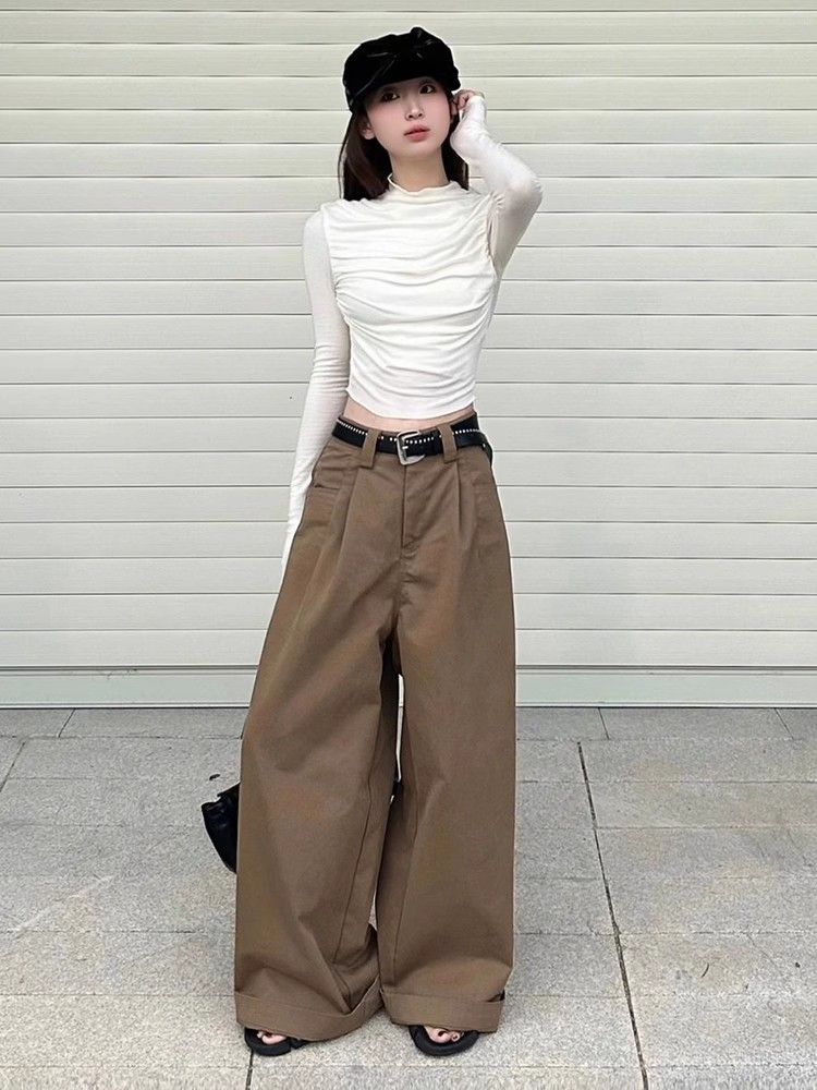 辣妹高領打底衫女2023早秋新款純色褶皺長袖t恤修身顯瘦內搭上衣
