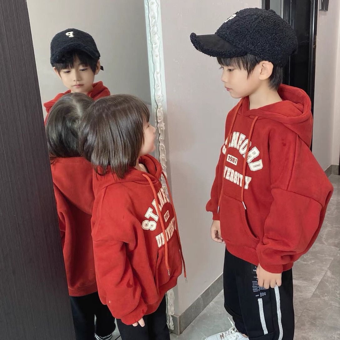 韩国版儿童连帽卫衣一体绒冬装男童女童酒红洋气宝宝帽衫外套2岁