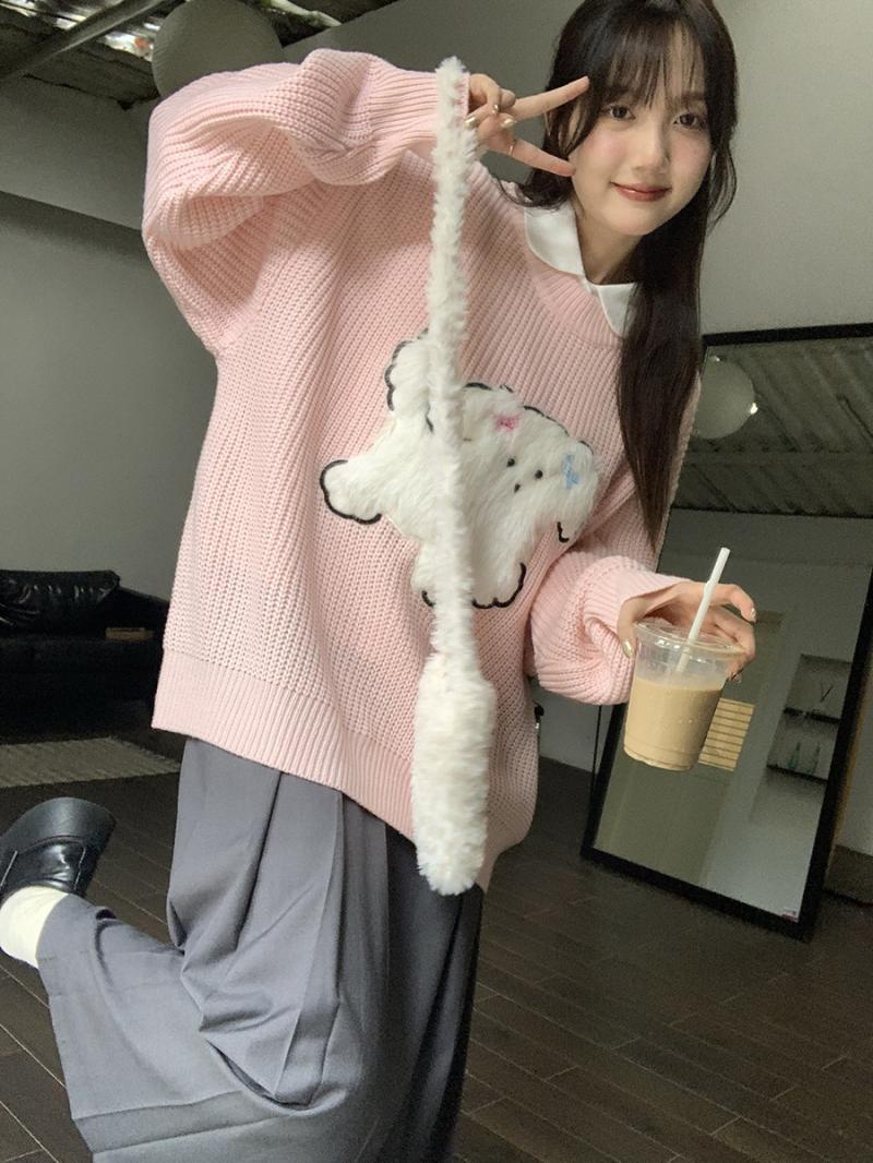 XJ家毛茸茸狗狗刺繡圓領毛衣女2023新款韓系寬鬆慵懶風針織衫