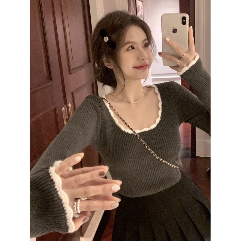 XJ家方領毛衣針織衫女秋冬季新款修身小眾高級內搭打底衫短款上衣