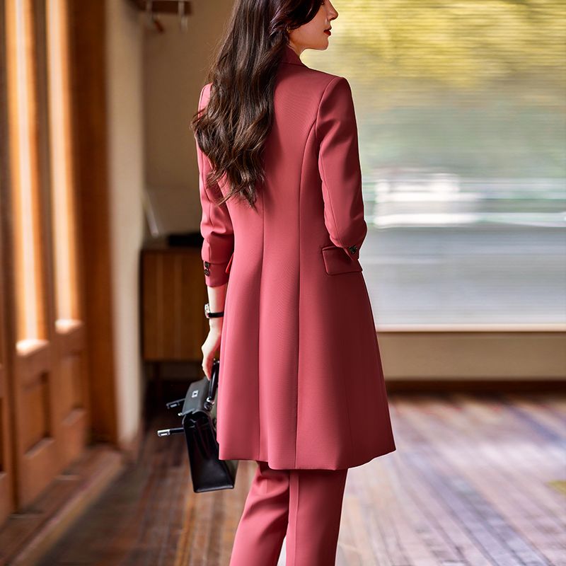 红色大衣西装外套女秋冬2023新款高端气质职业套装中长款风衣西服