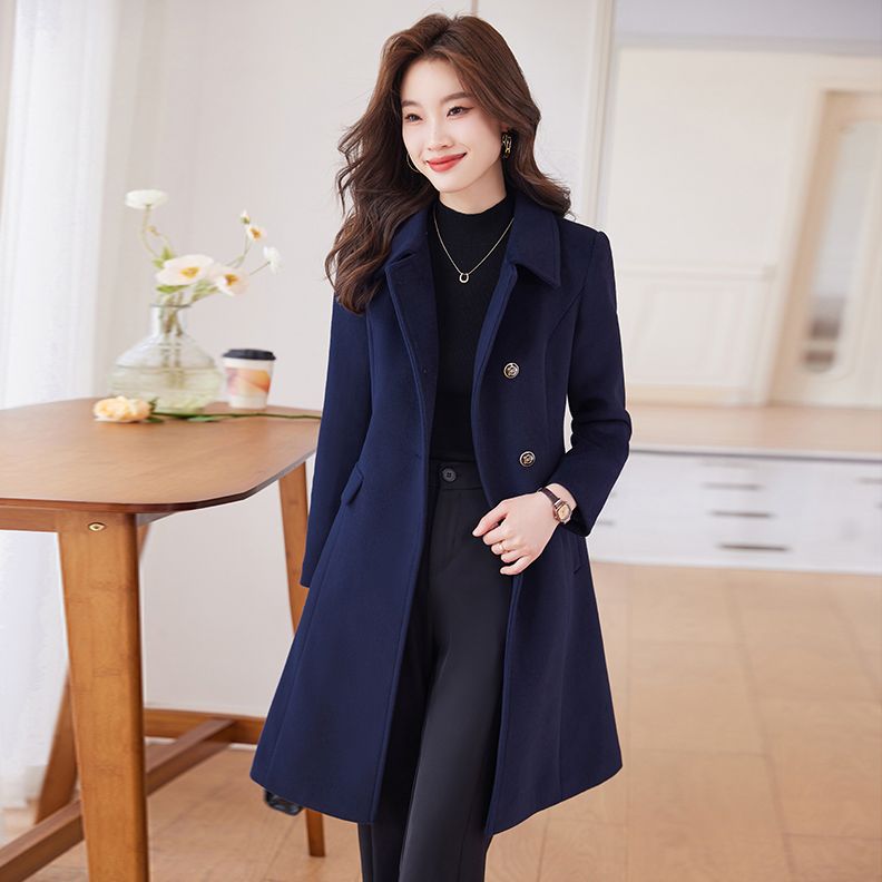 藏青色毛呢外套女2023新款大衣中長款高級感職業裝呢子西裝工作服