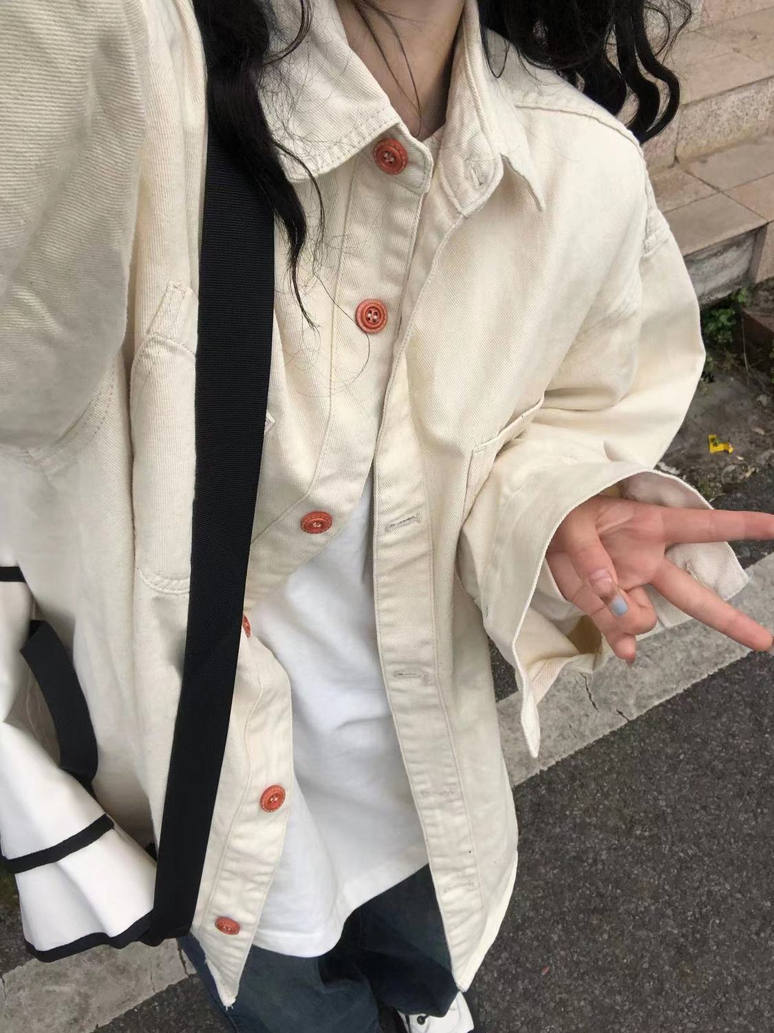 雙口袋杏色純棉襯衫女秋冬打底內搭小眾設計感長袖襯衣開衫外穿潮