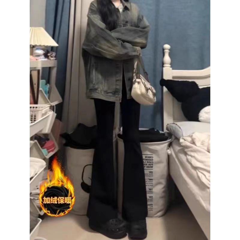 黑色加絨加厚牛仔褲女微喇叭顯瘦百搭拖地長褲修身顯瘦水洗馬蹄褲